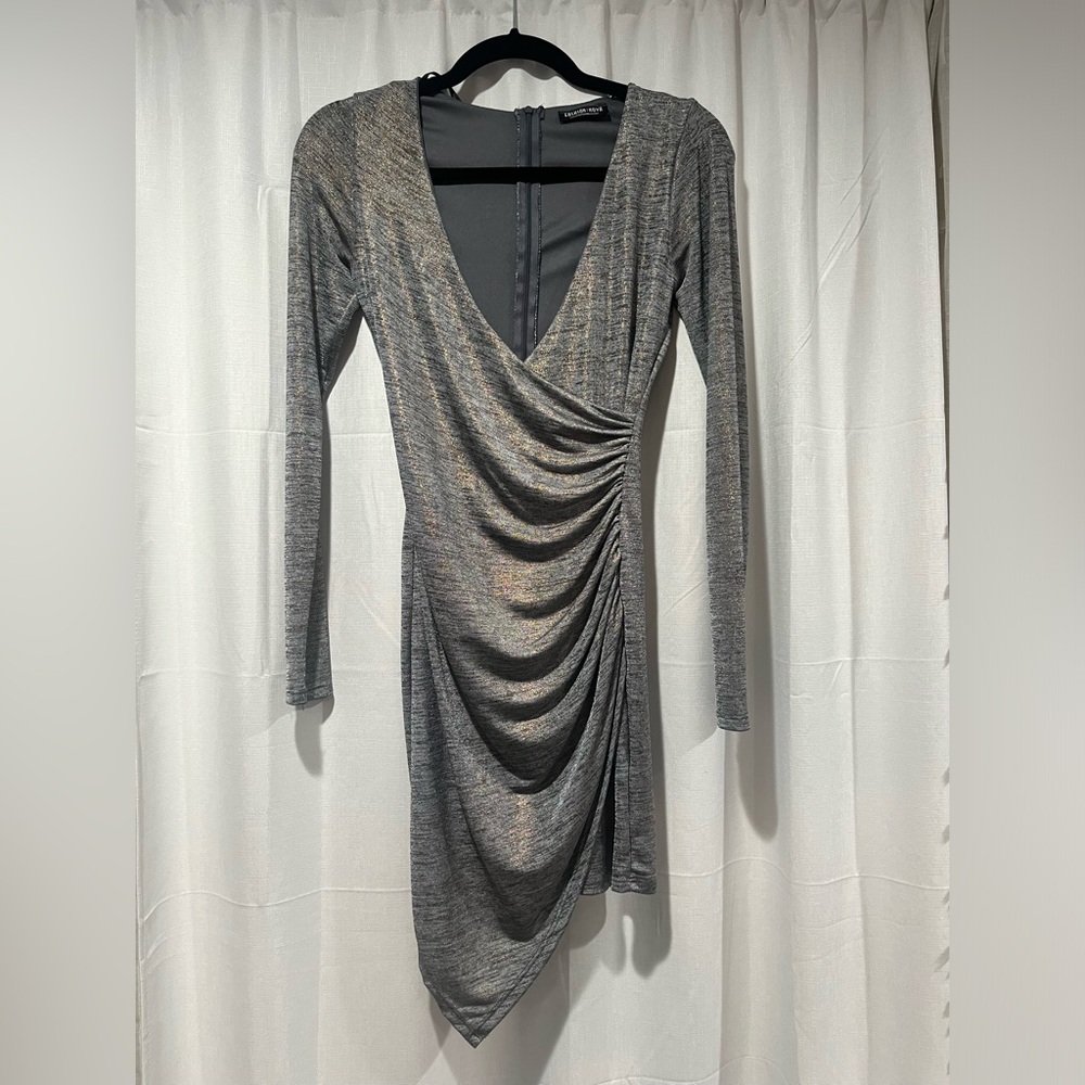 Fashion Nova Stretchy Rouched Dress - brown/tan/gold heathered Size small